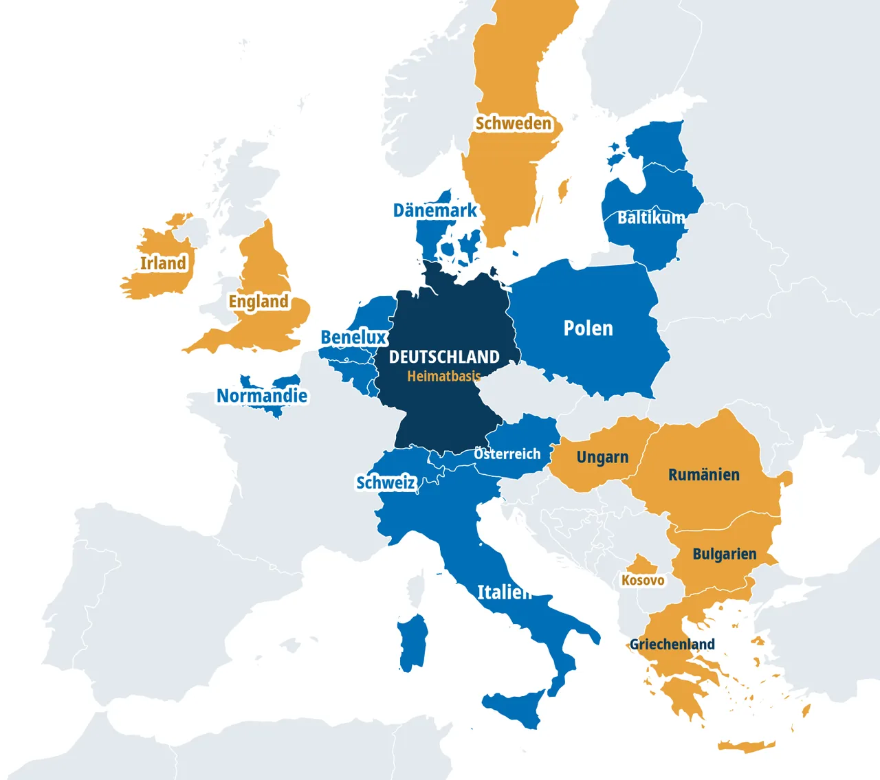 Mapa Europy grupy agaSAAT: baza w Niemczech, regiony sprzedaży i rozwoju